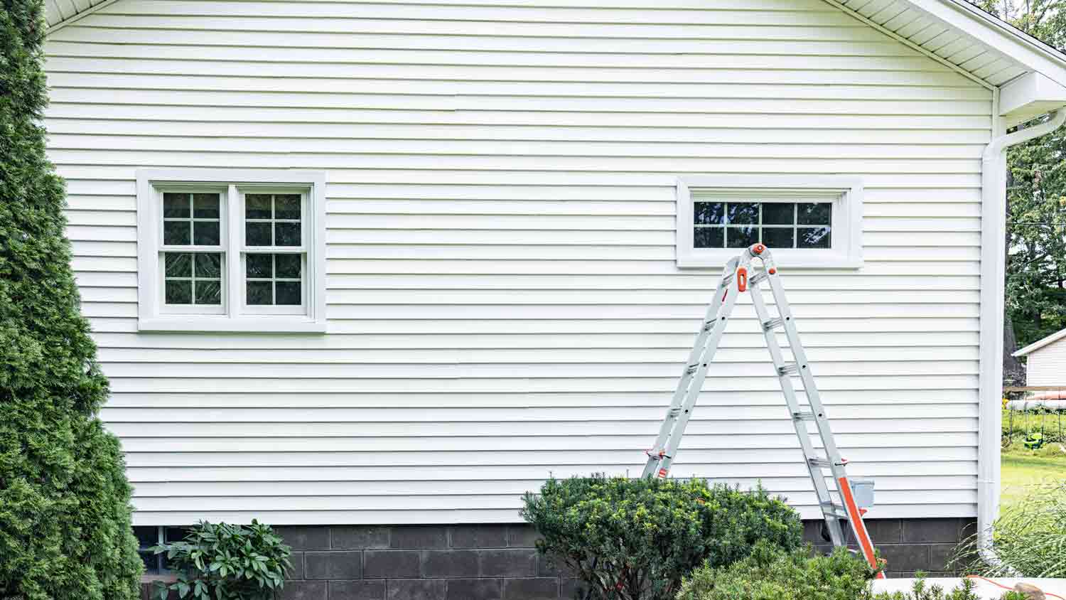 white siding house with ladder