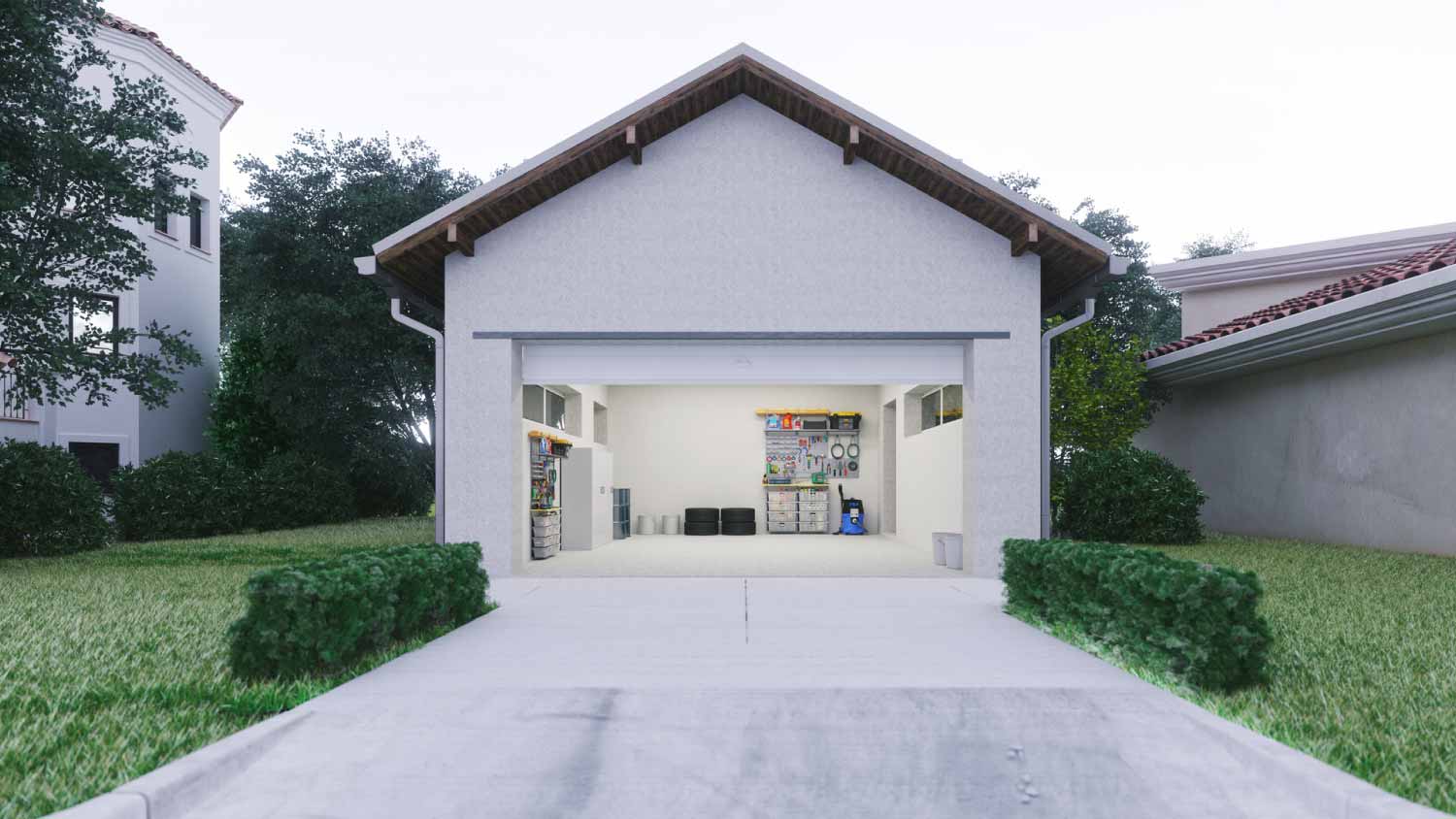 Open garage with concrete driveway