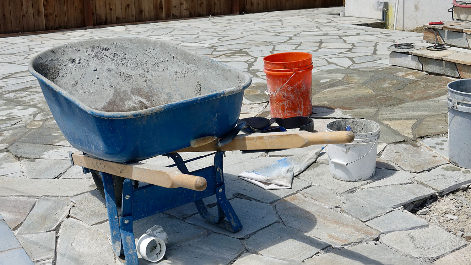 Patio stones and cement wheelbarrow