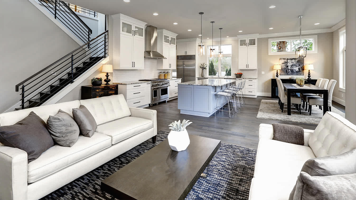 large modern home with living room and dining area