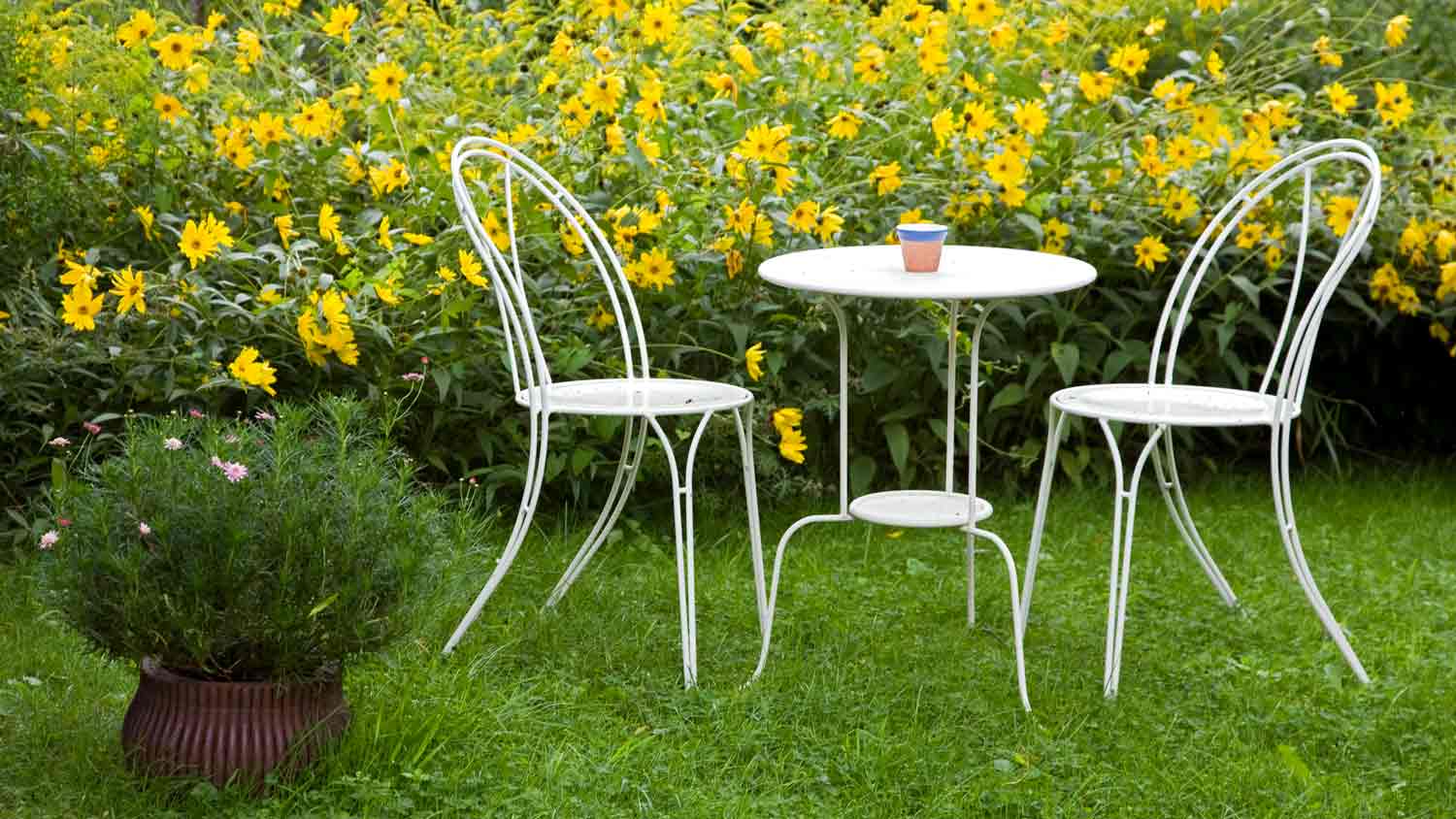 white metal chairs and table in yard