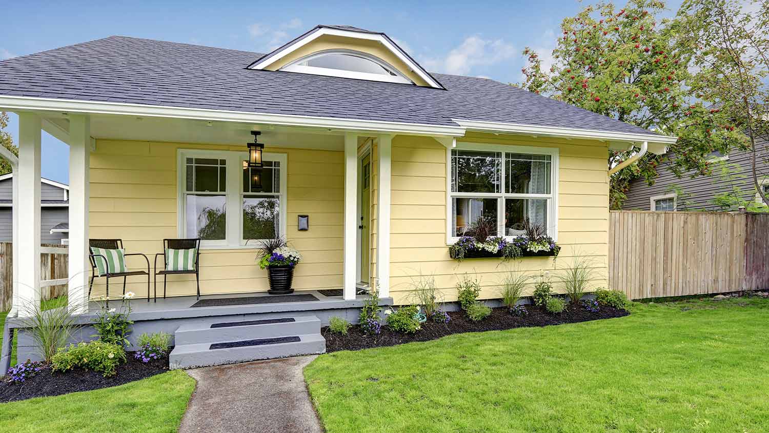 Small suburban yellow house exterior
