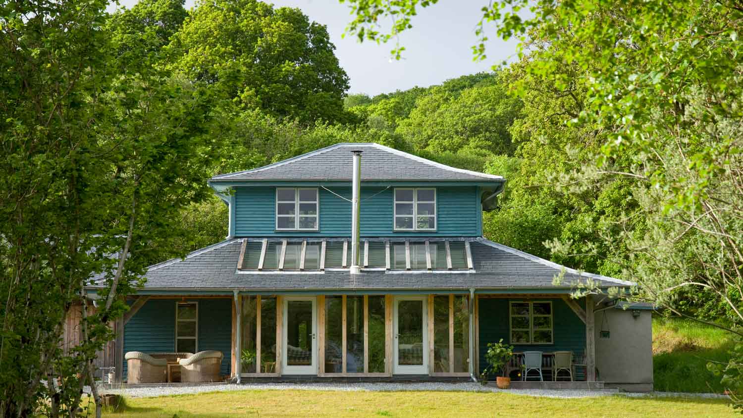 The exterior of a two-story country house