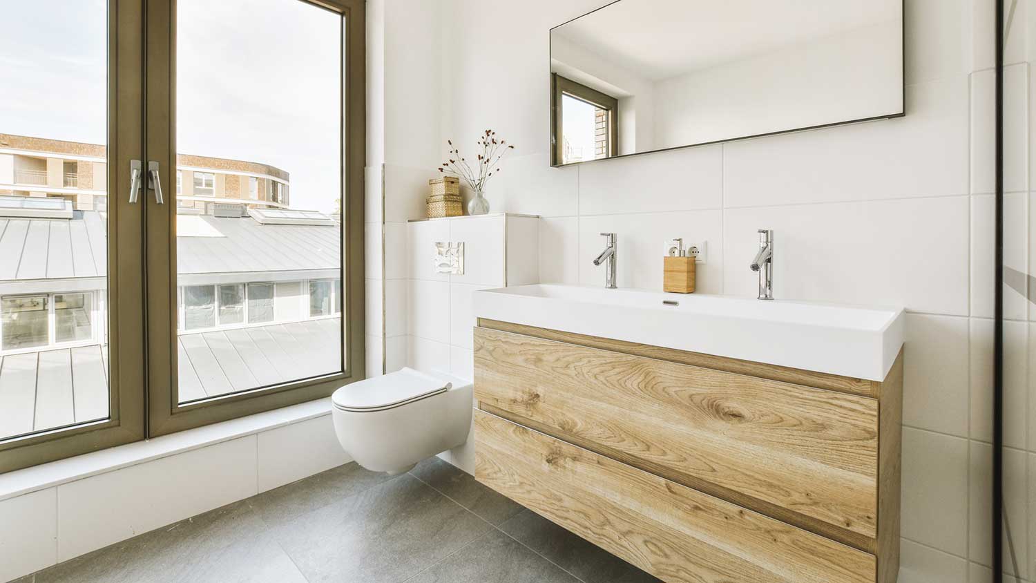 Bright new bathroom with double sink vanity