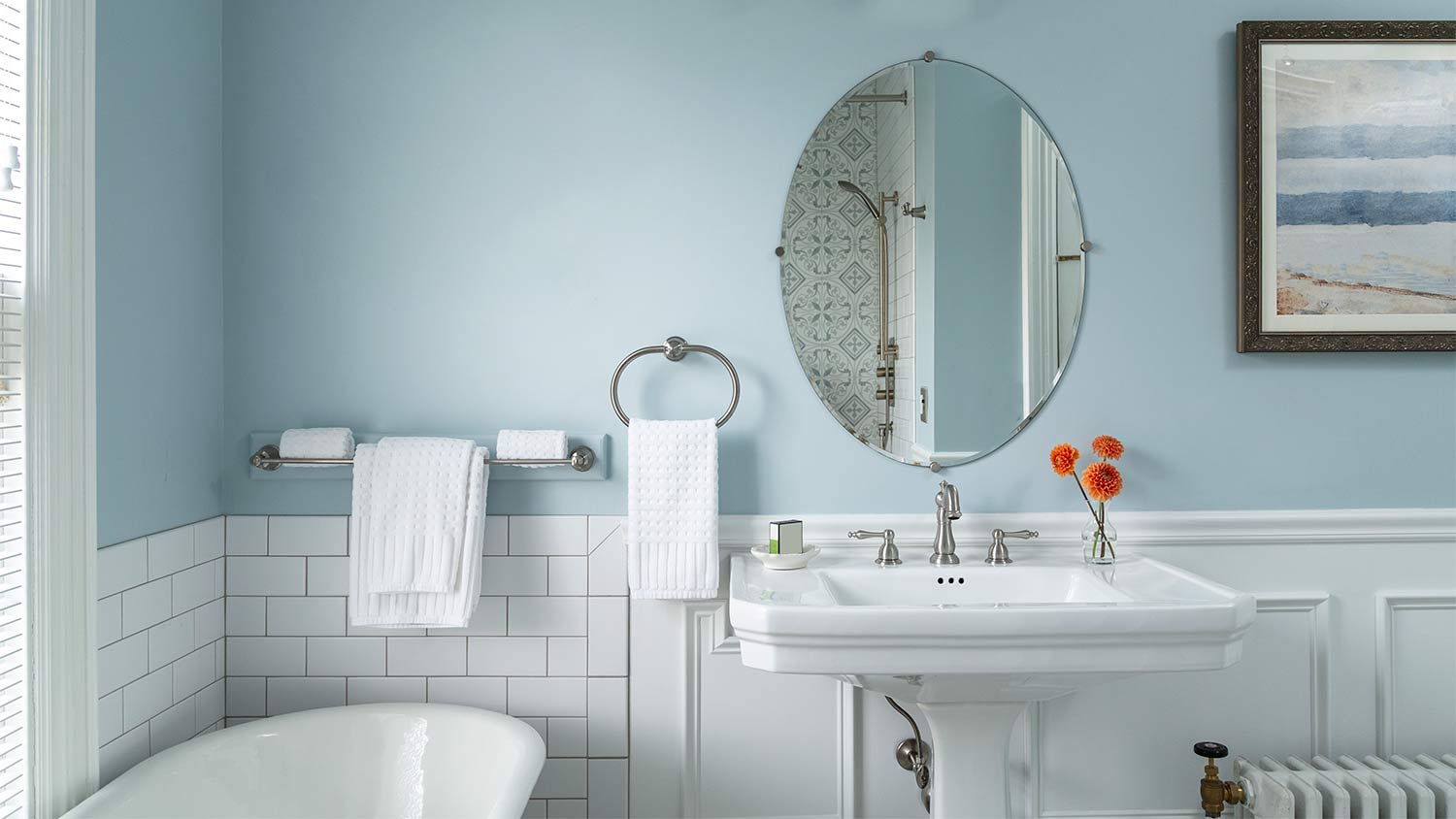 bathroom with pale blue painted walls