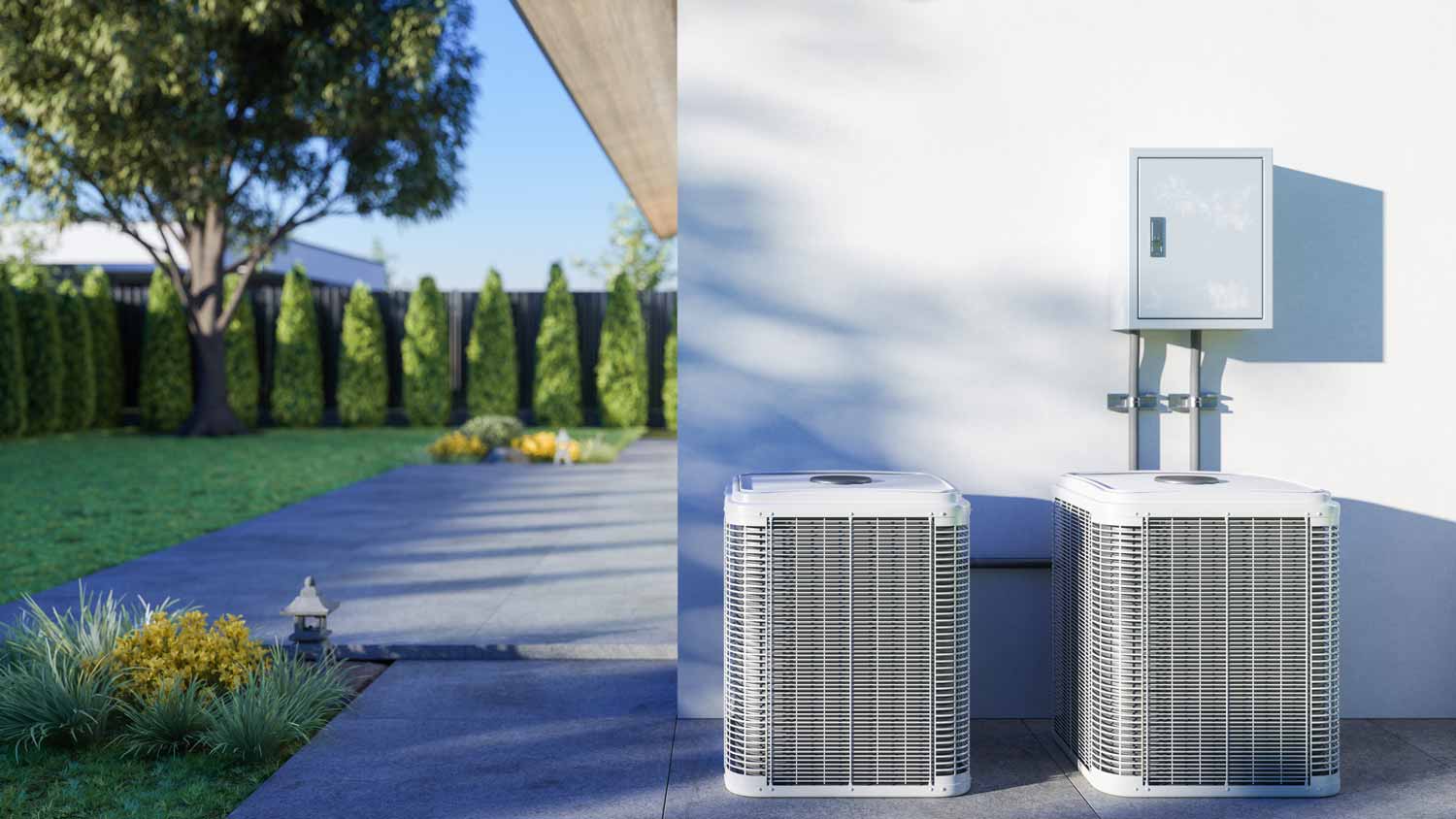 An air-conditioner unit installed in the backyard of a house