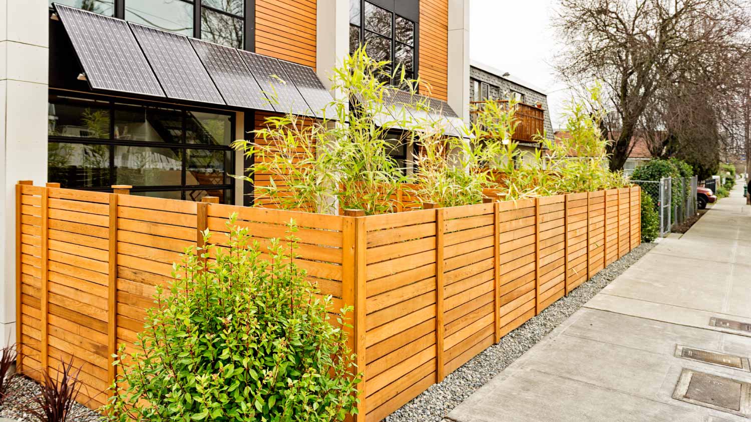 Modern home exterior with wooden fence