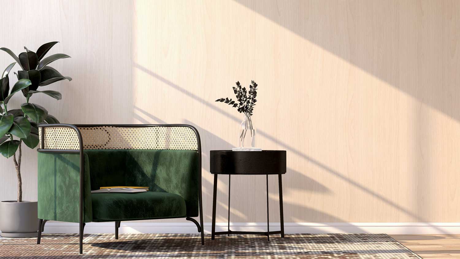 A barrel armchair in a room with a white baseboard