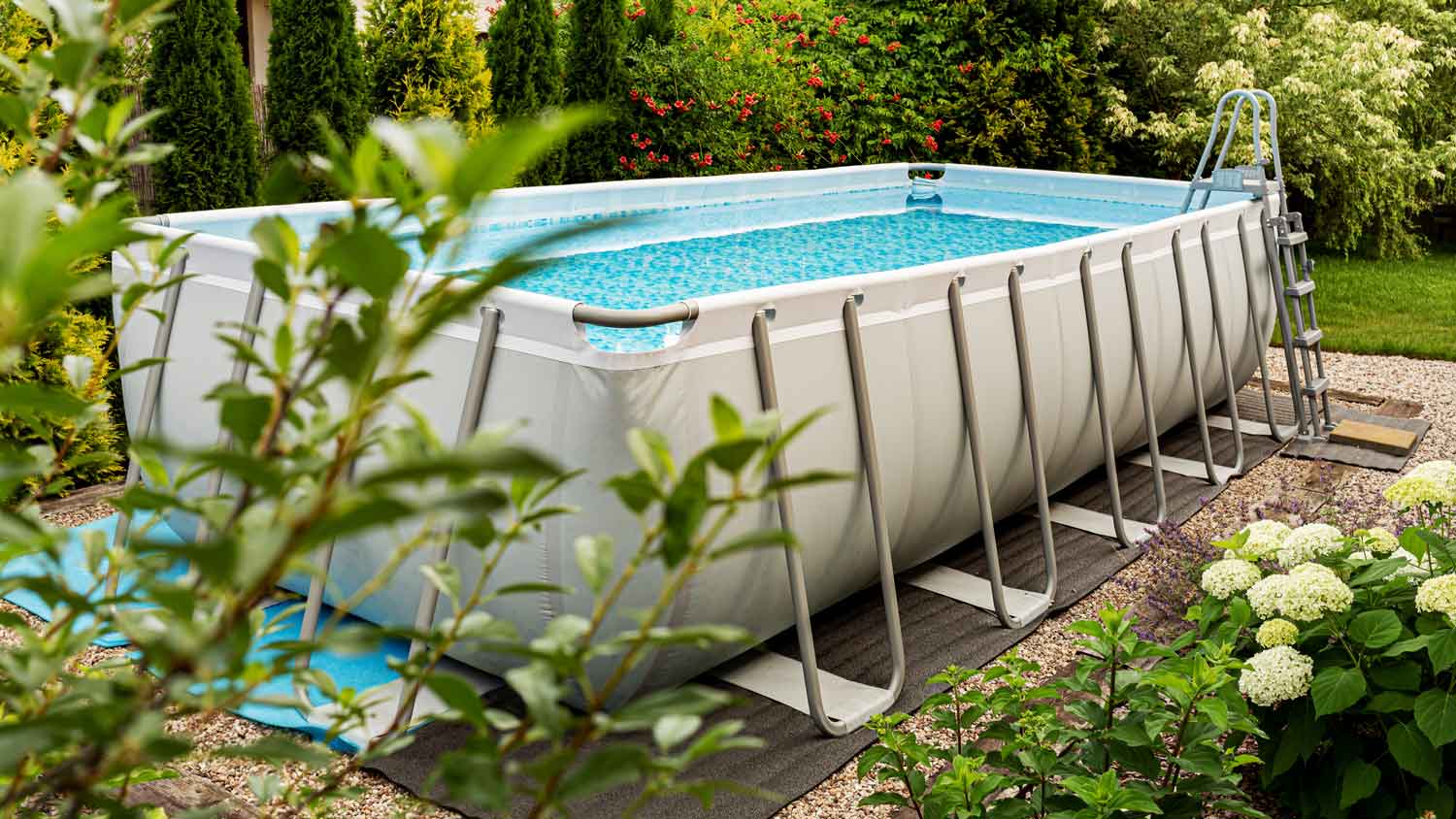 An above the ground pool during summer
