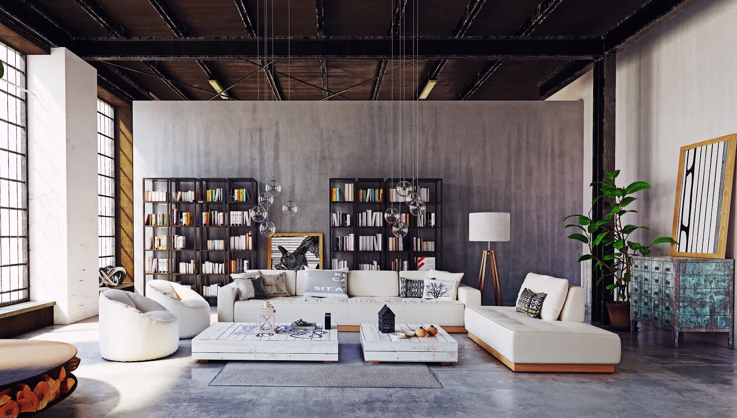 Modern living room with concrete floor