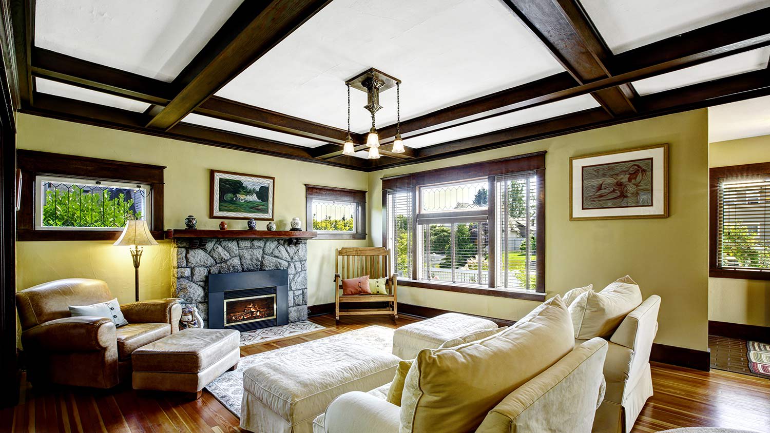 Dark wood coffered ceiling