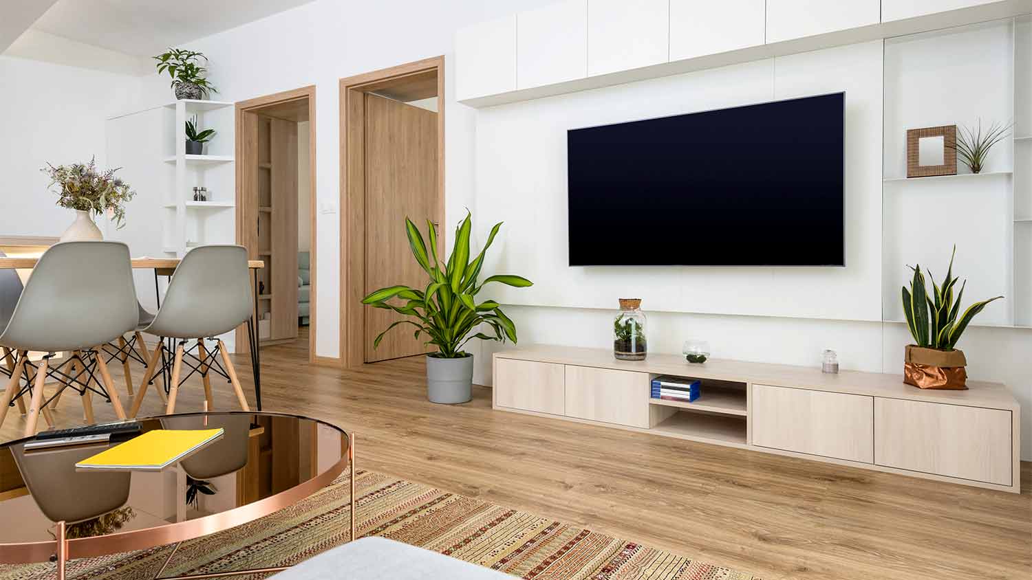 A view of a mounted TV in a living room