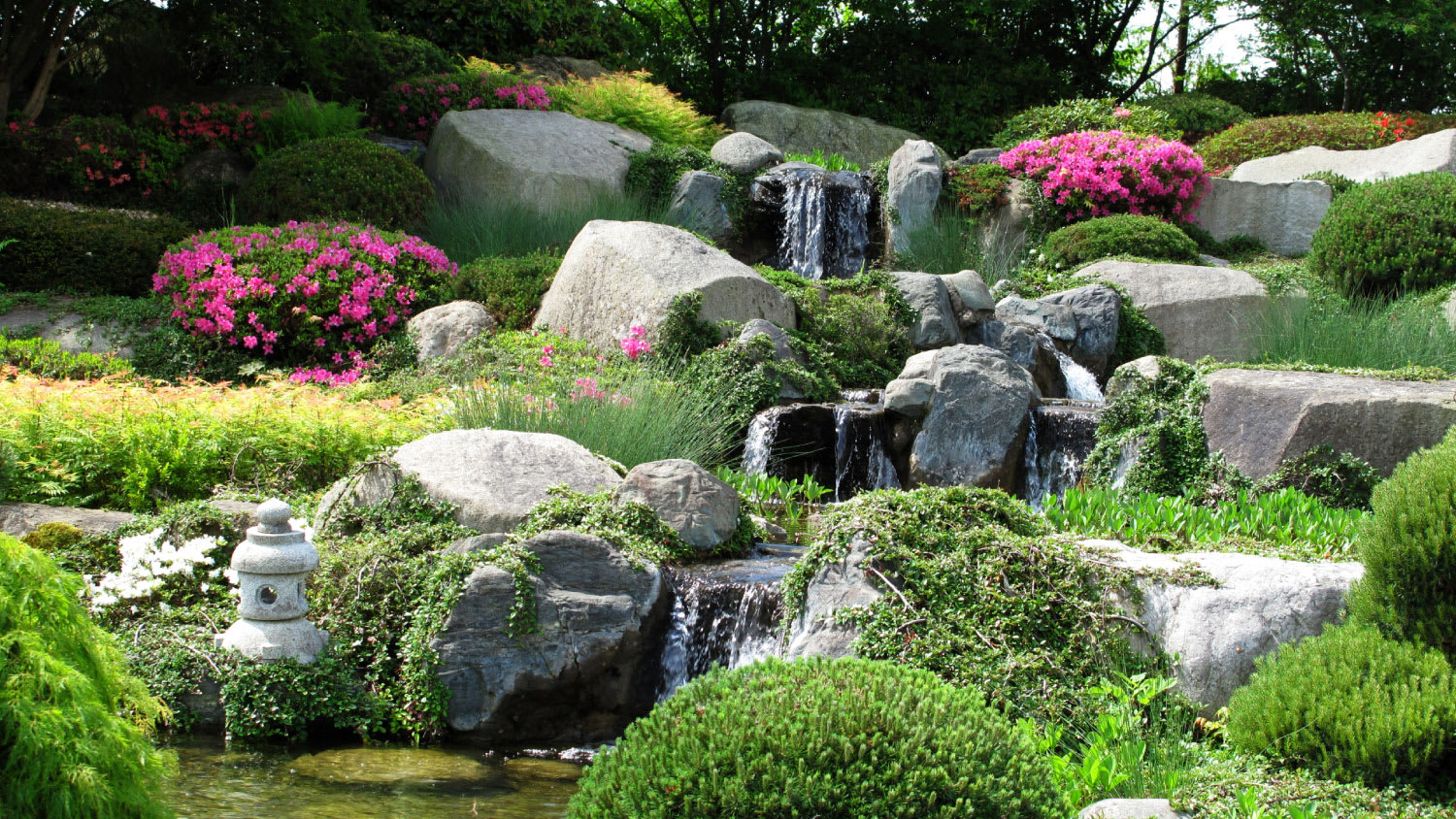 stone waterfall in backyard