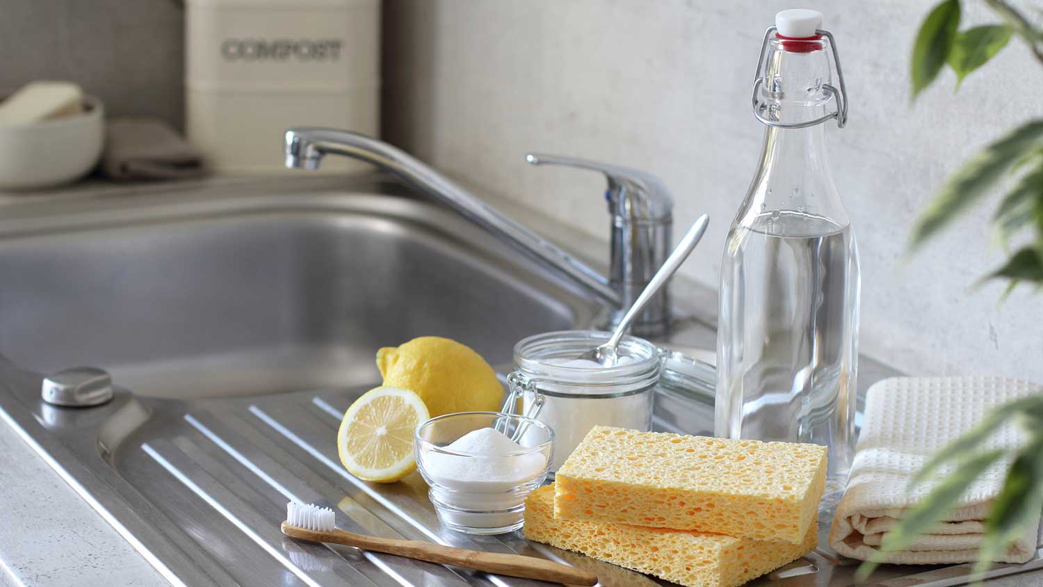 Natural cleaning products next to a kitchen sink