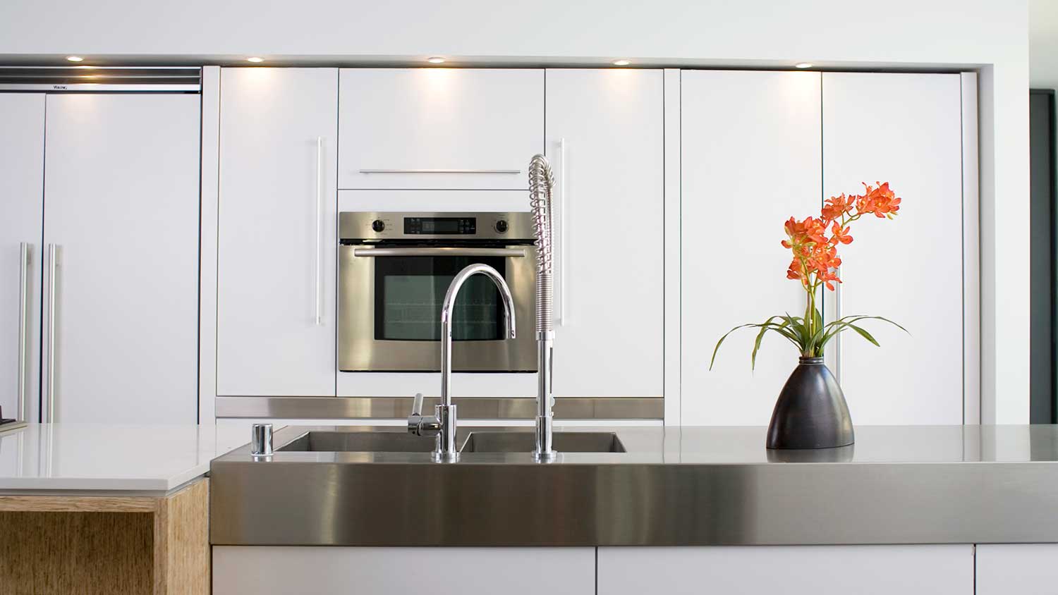 Modern kitchen with stainless steel countertop