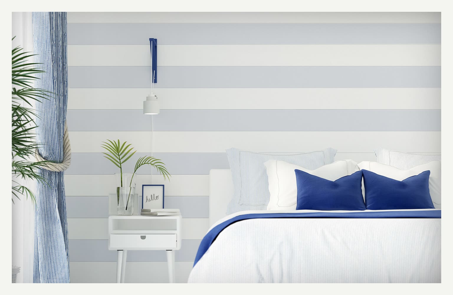 blue striped painted walls in bedroom