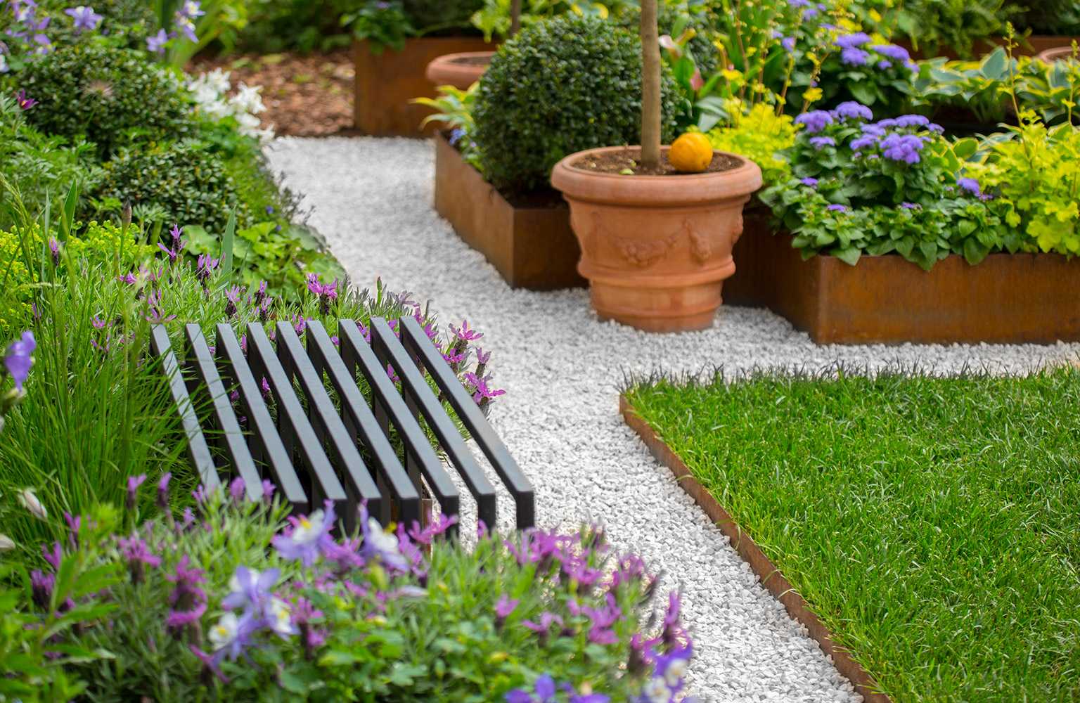 white marble chips walkway