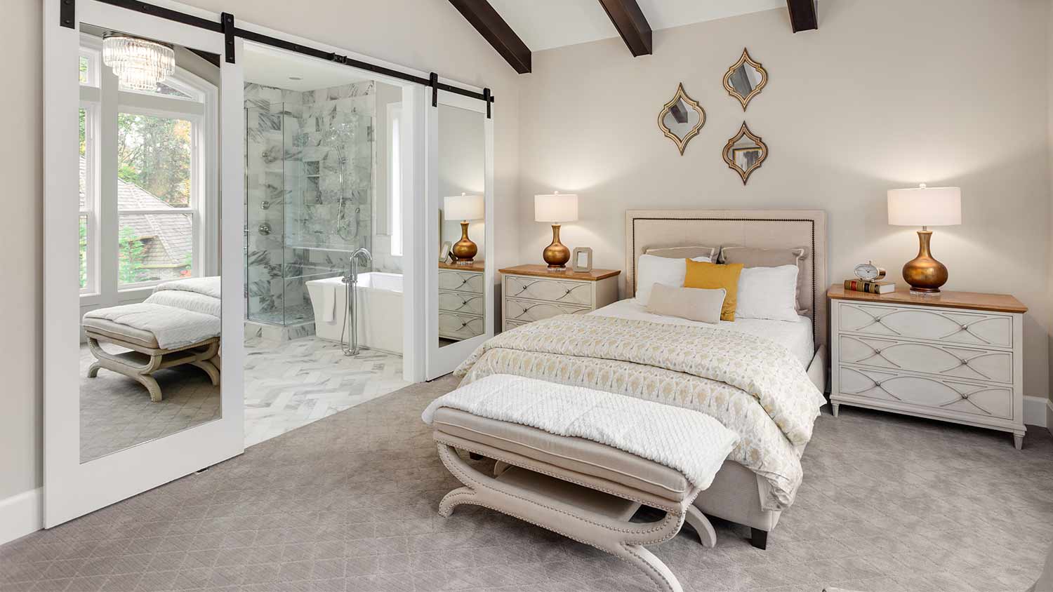gray carpeted master bedroom