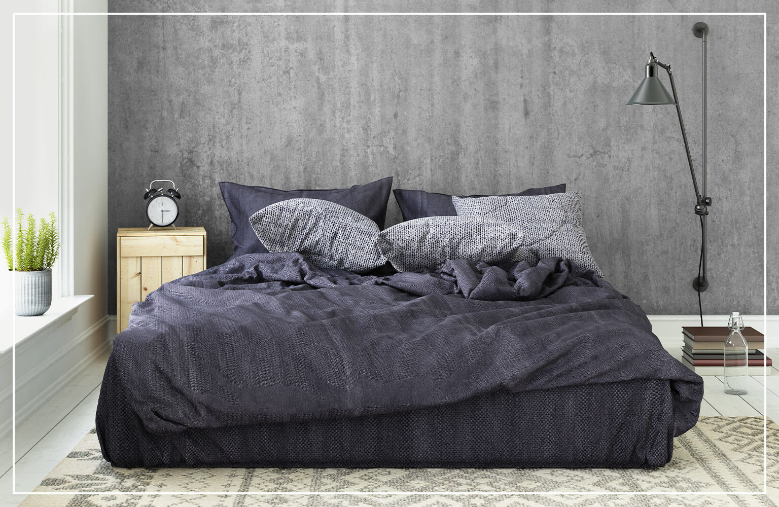 faux concrete wall in bedroom