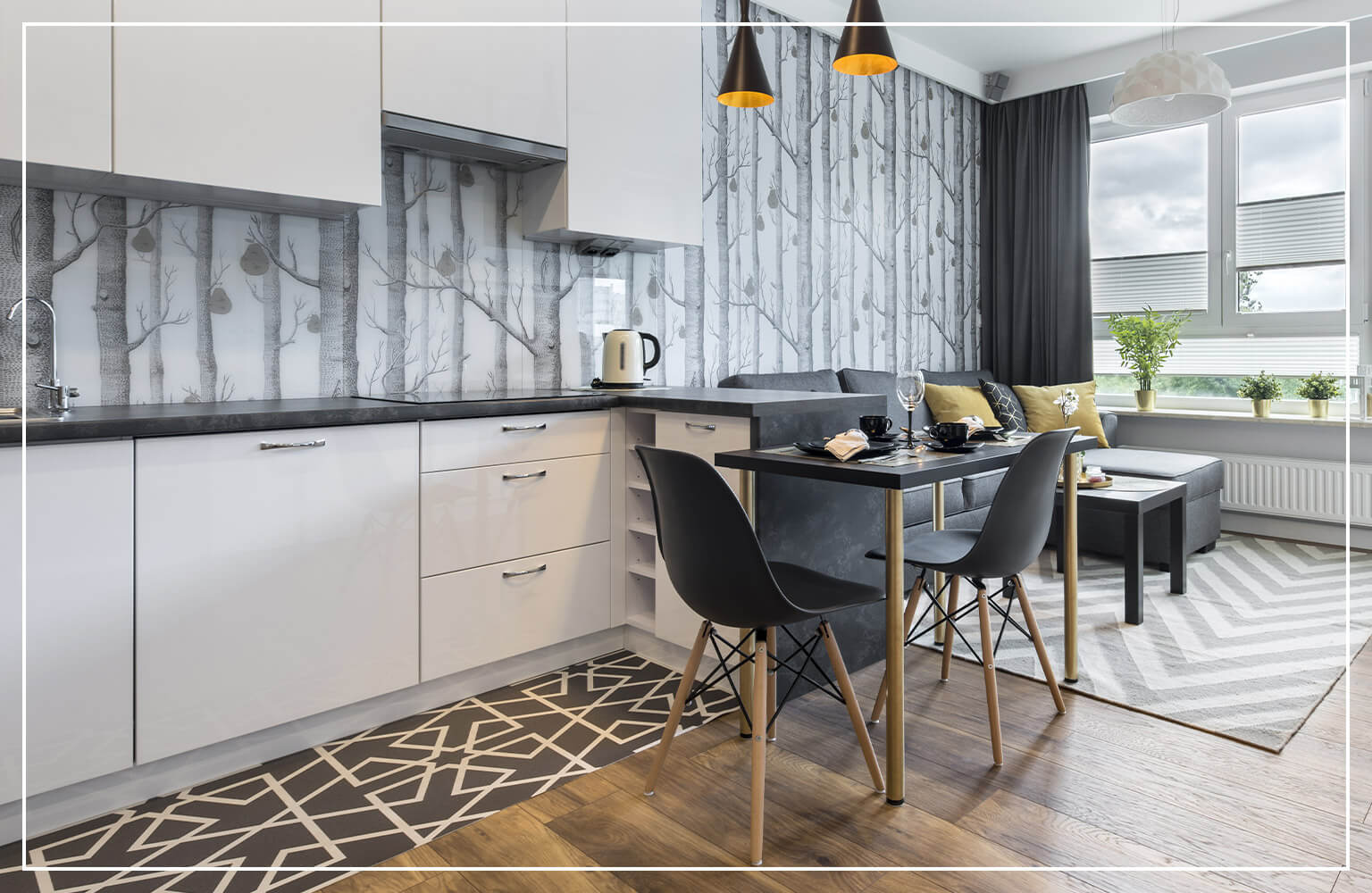 tree wallpaper accent wall in kitchen