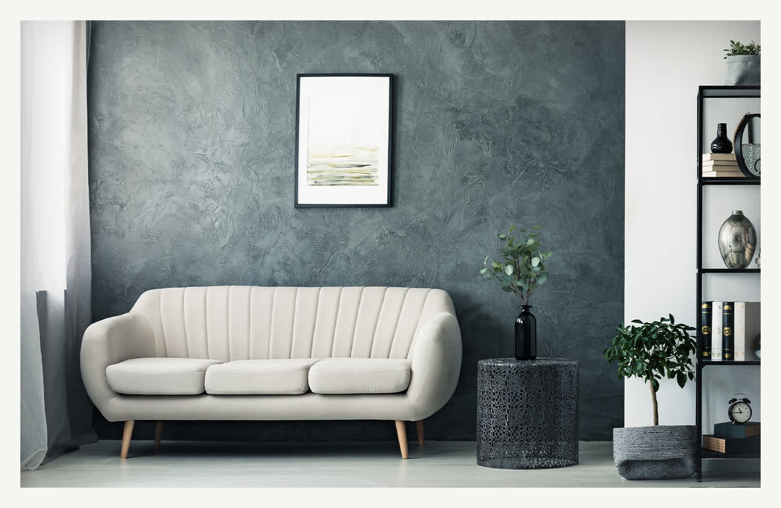 living room with couch and bookshelf