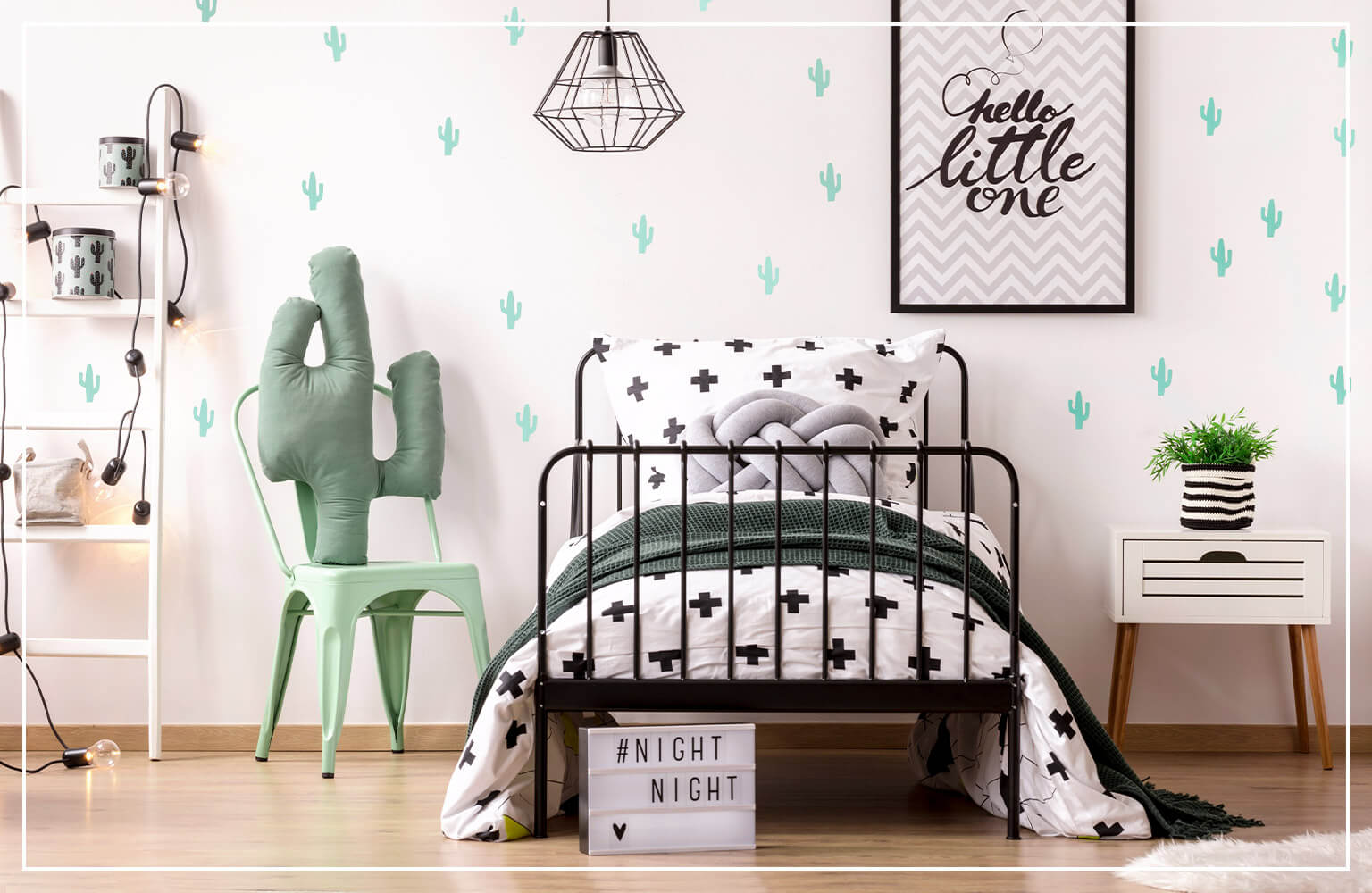 cacti-themed pattern wallpaper in bedroom