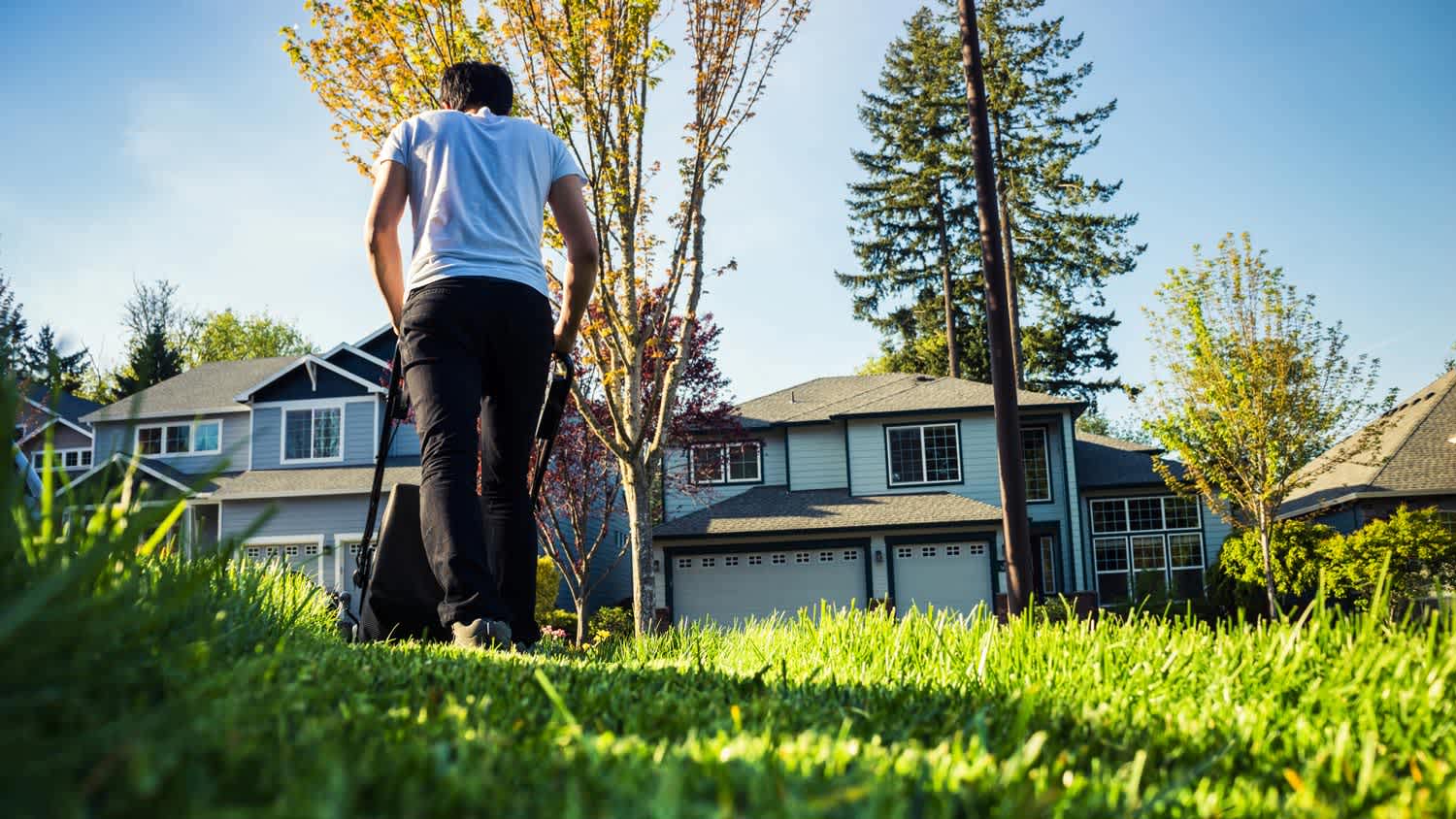 Low angle view of a man mowing the lawn
