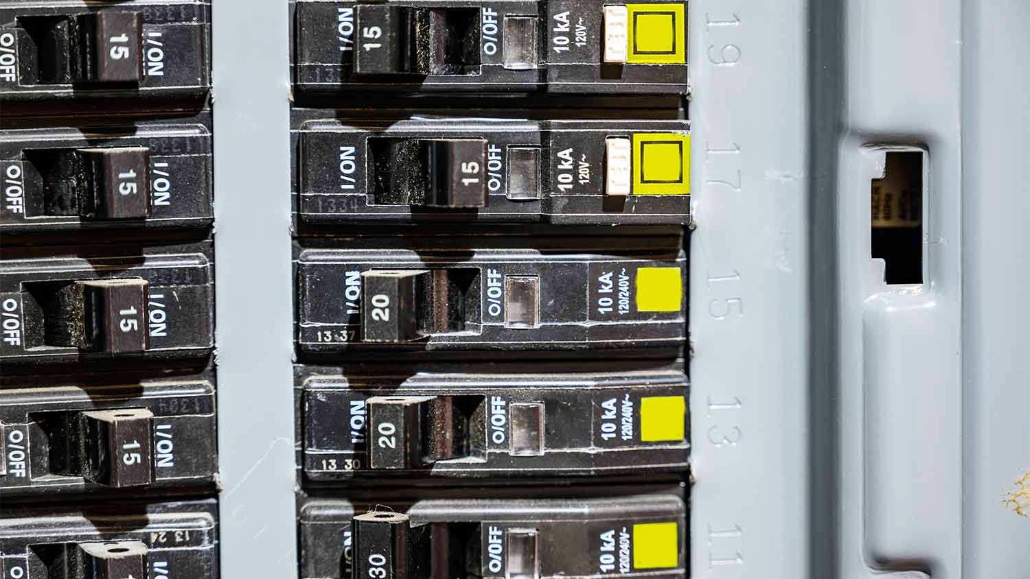 A closeup of circuit breakers