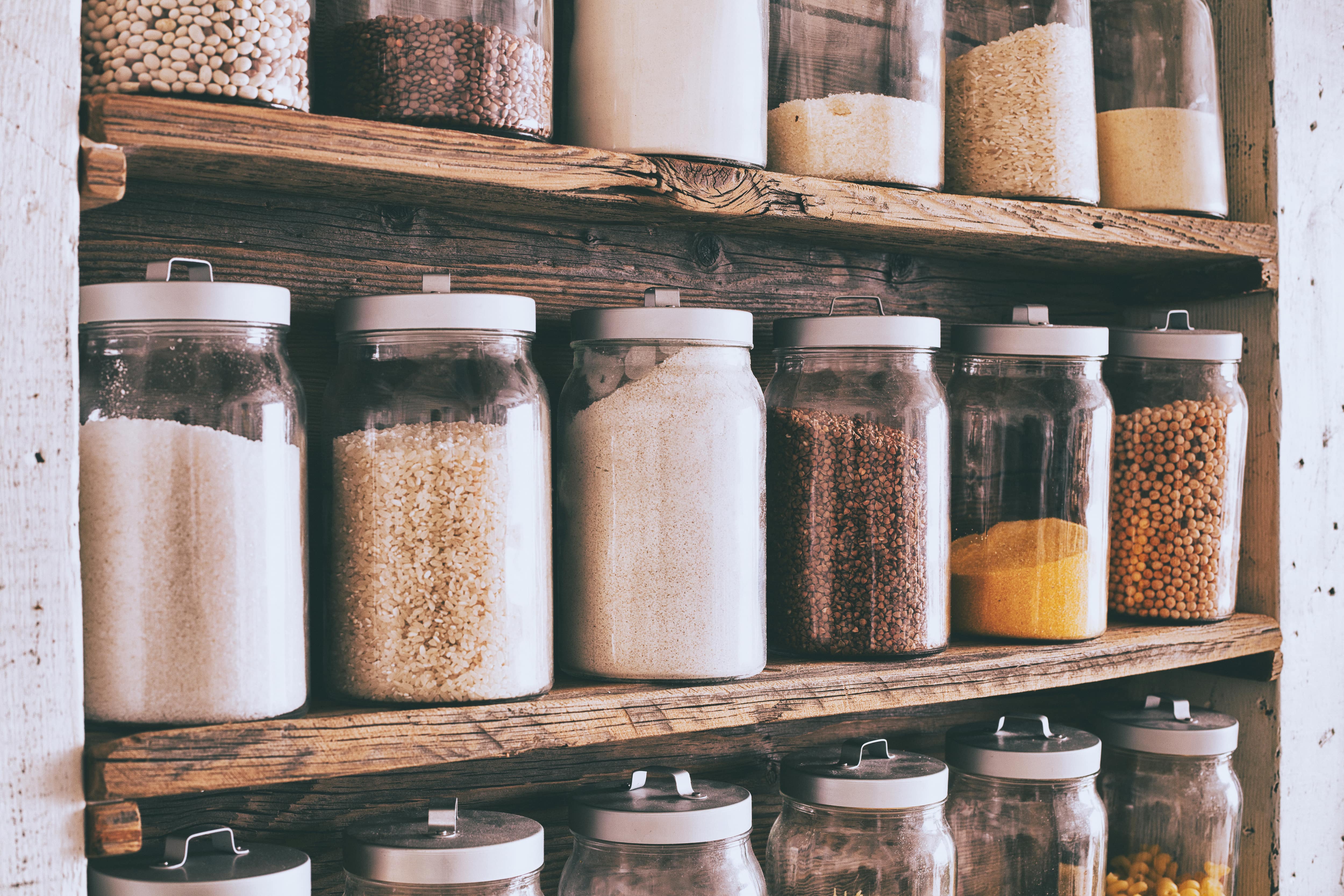Glass jars in kitchen pantry