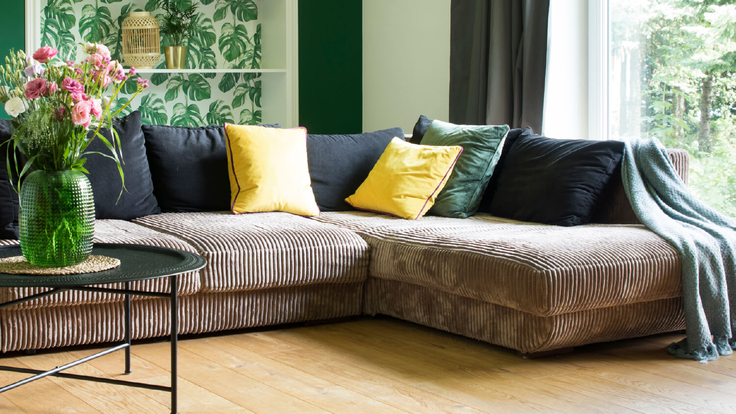 Cozy living room with corduroy sofa
