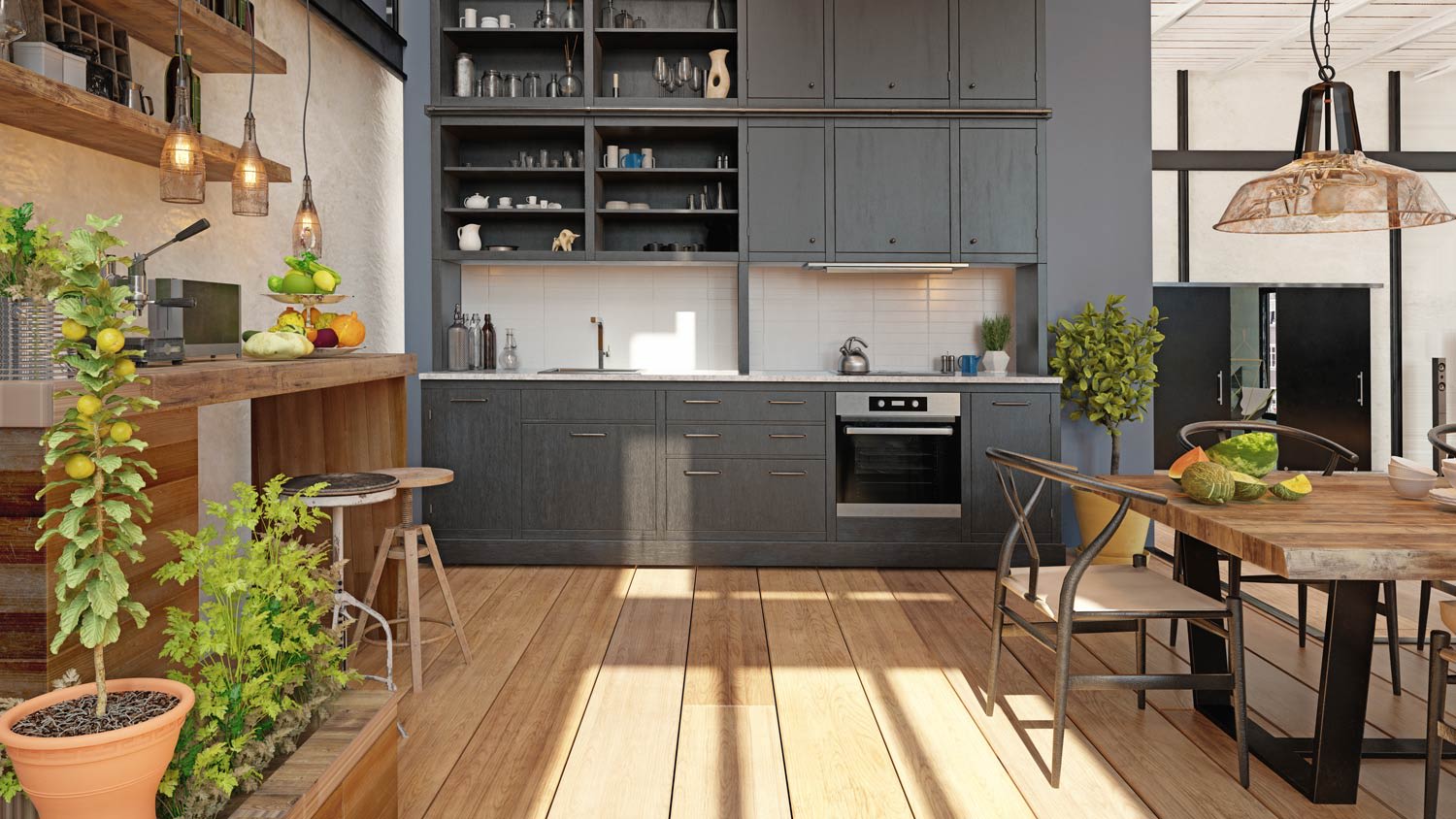 A modern kitchen with wooden and white cabinets