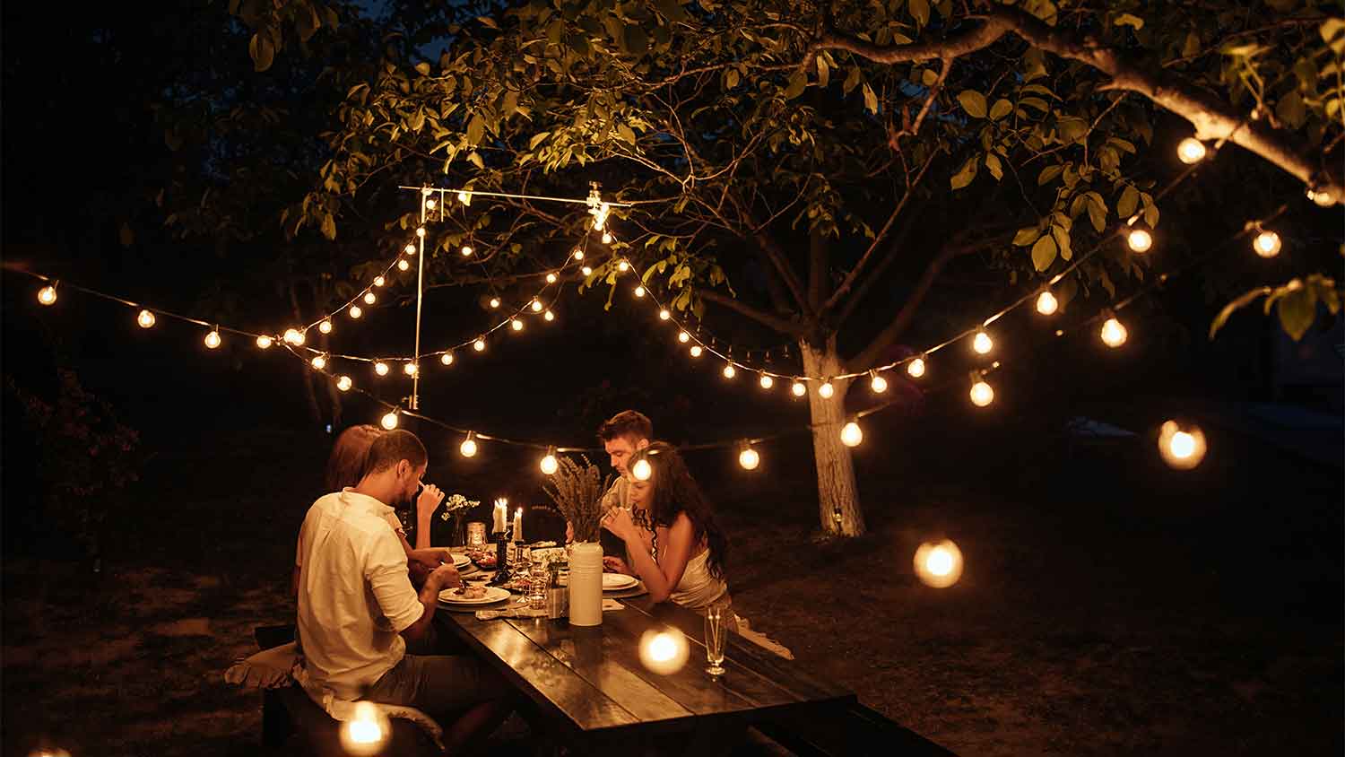 A view of a backyard with hanging lights