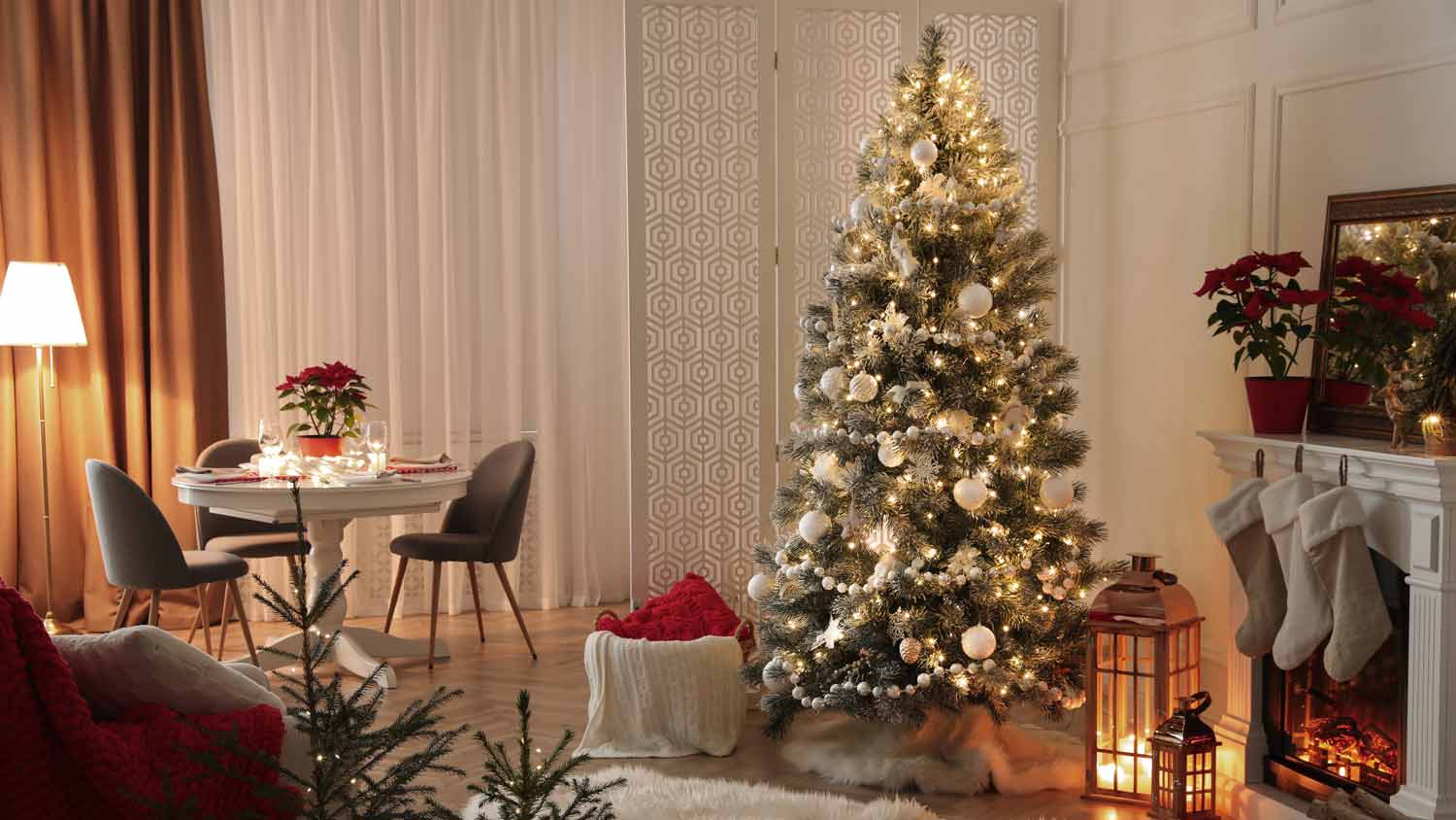 A Christmas tree in a festive living room