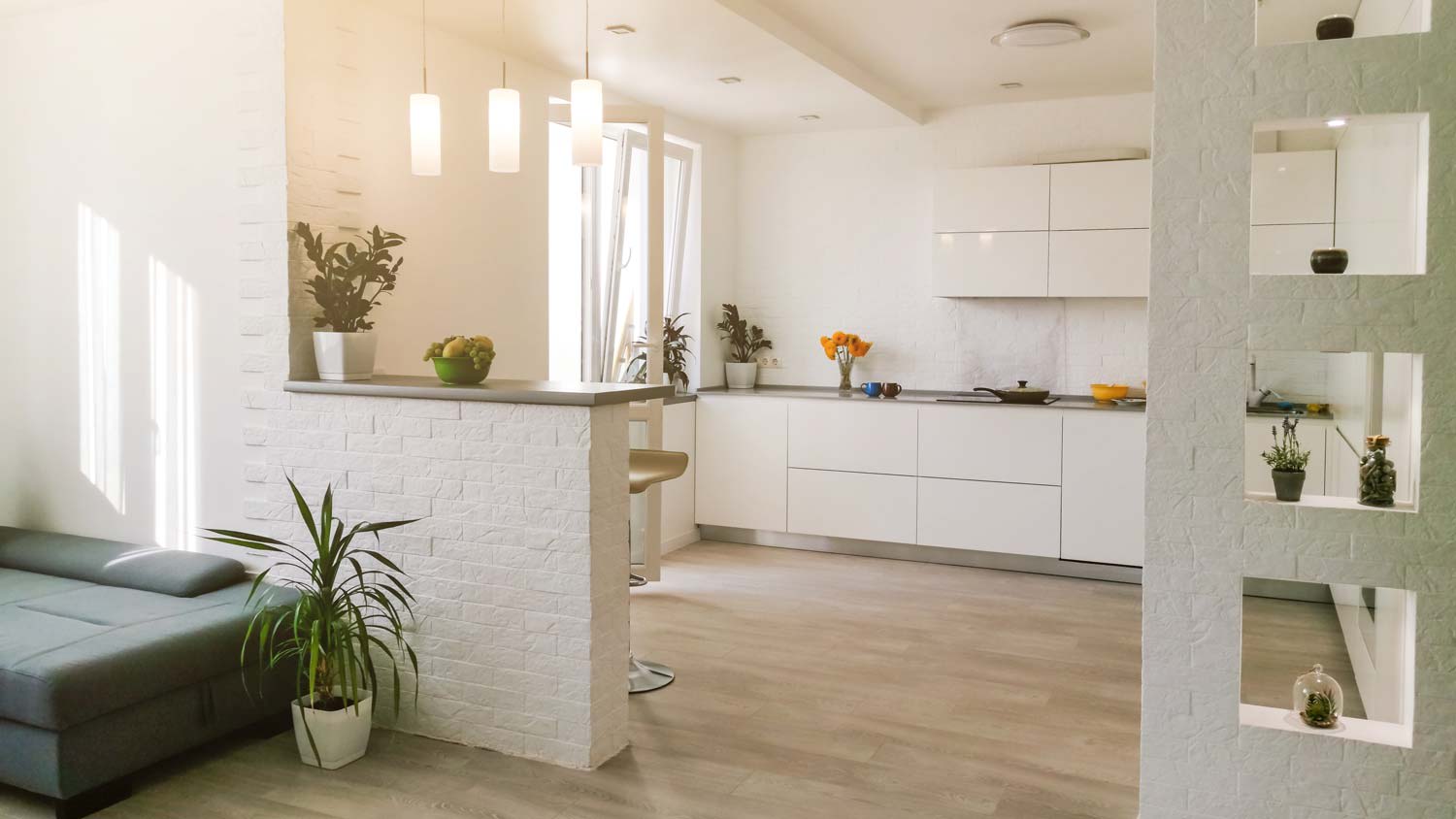 An open space and bright kitchen