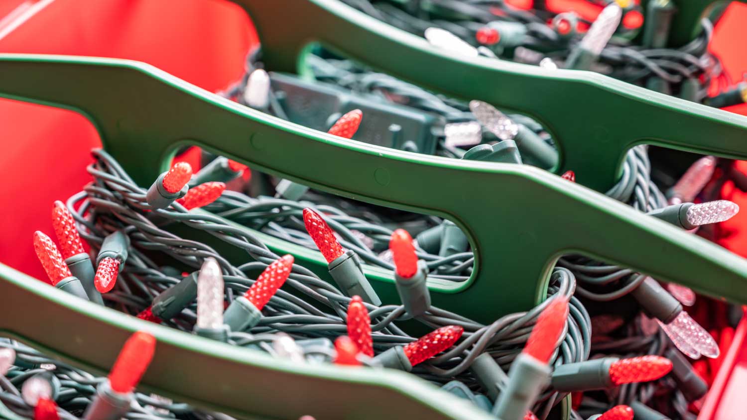 Rows of christmas light strings in an organizer tub