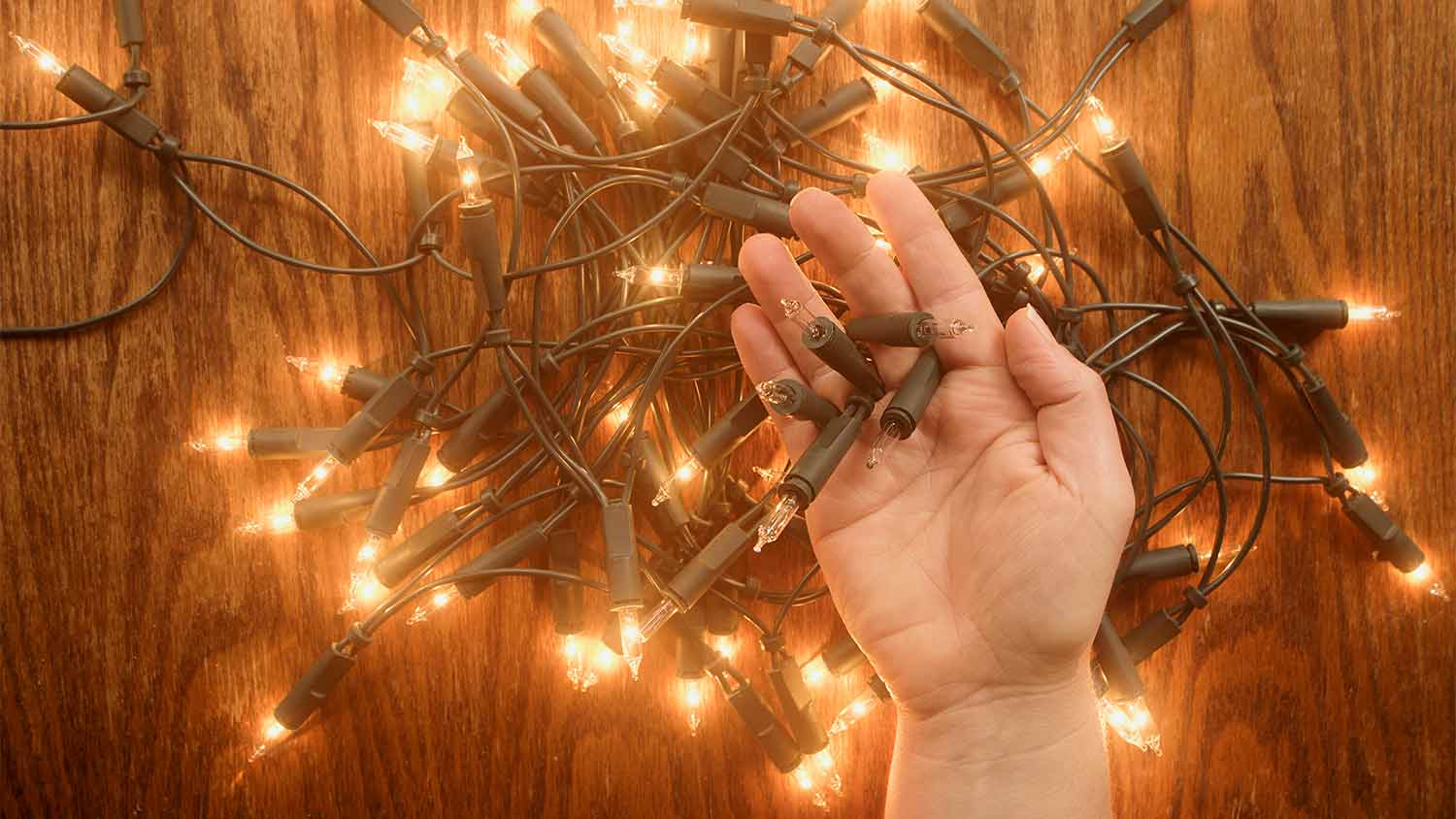 woman holding blown out string of lights