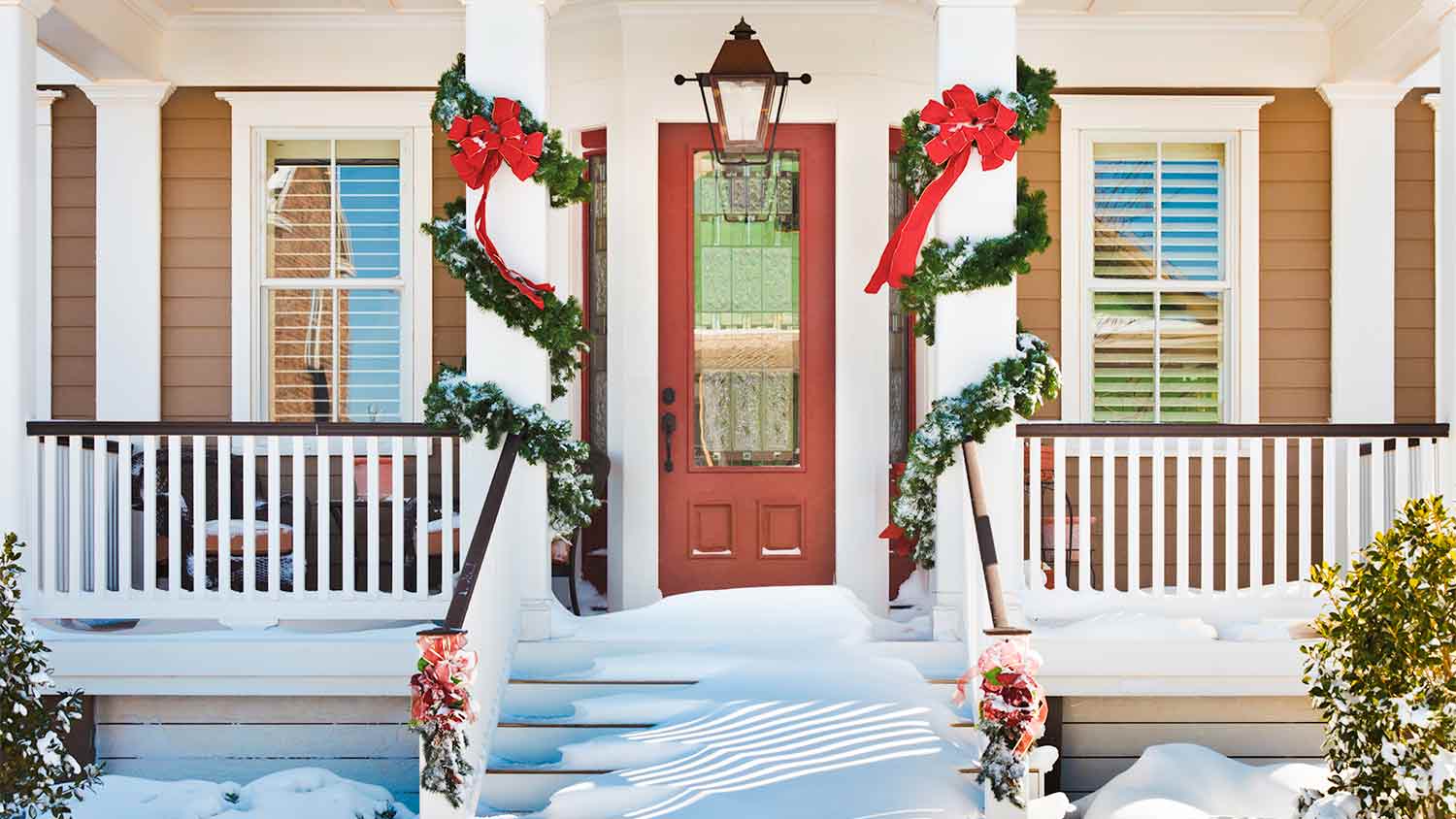 christmas doorway with decorated columns
