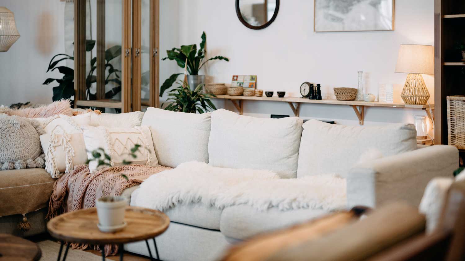 Stylish and cozy interior room with white pillows