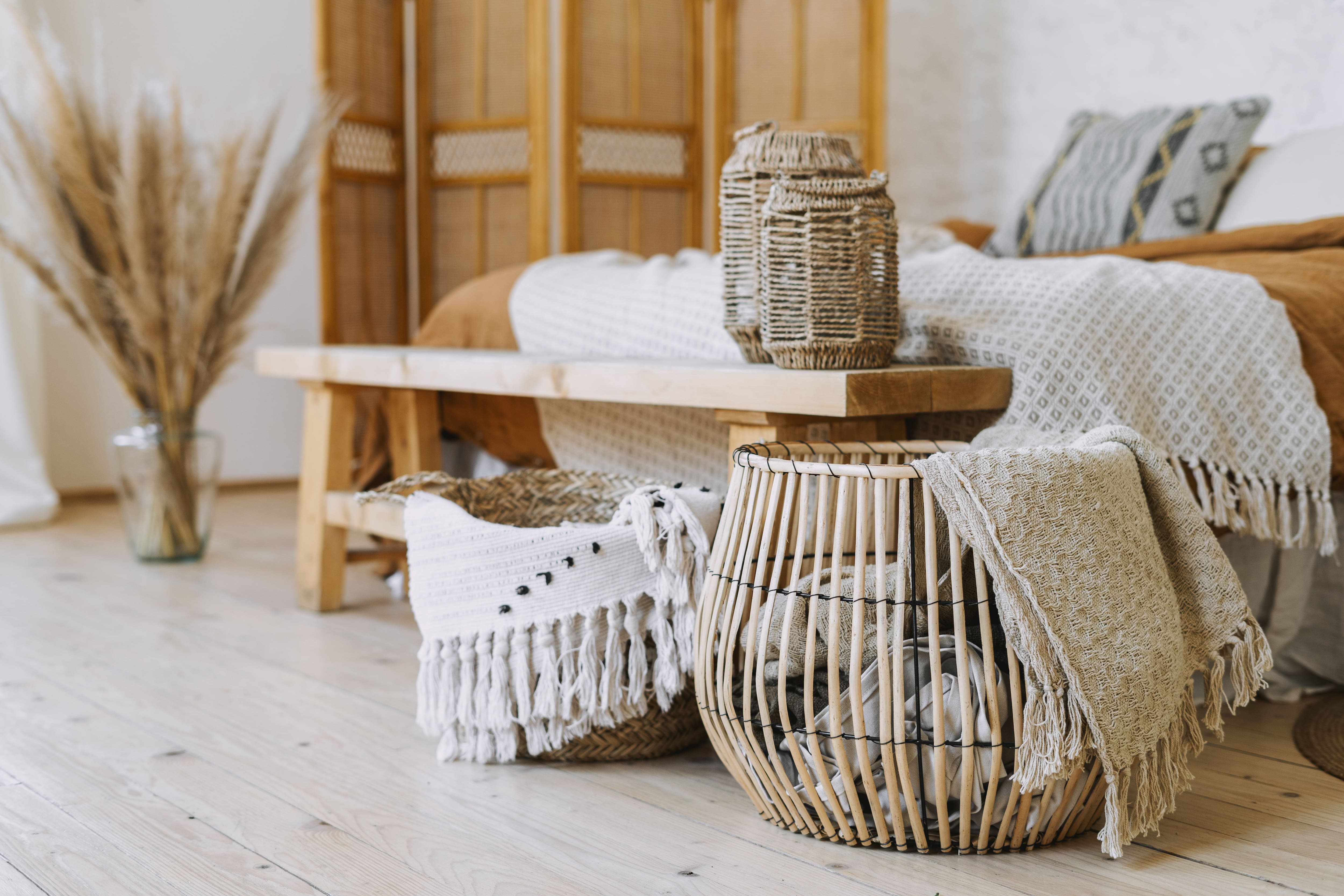 Woven baskets in a bohemian styled room