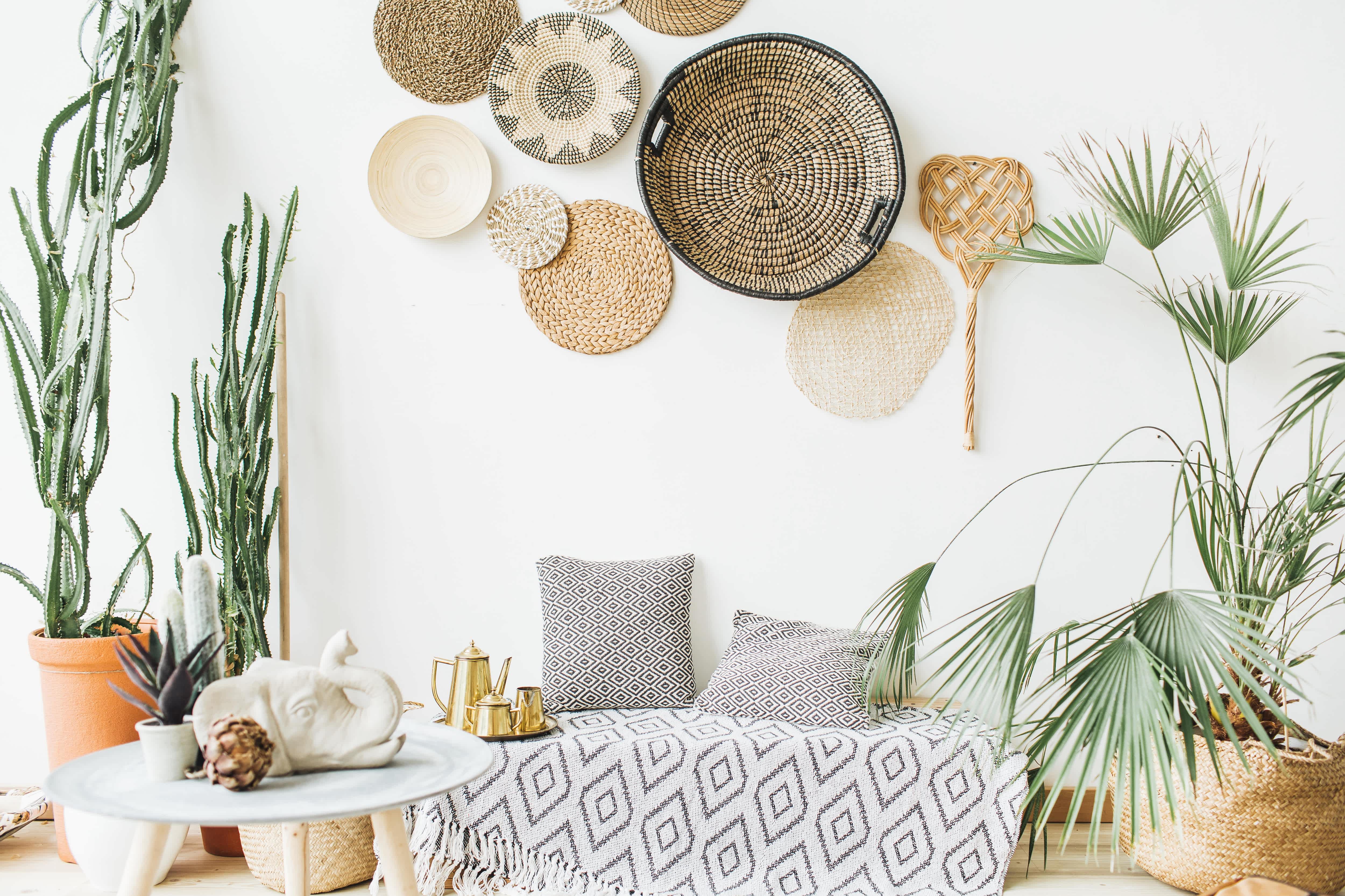 Hanging woven baskets on wall