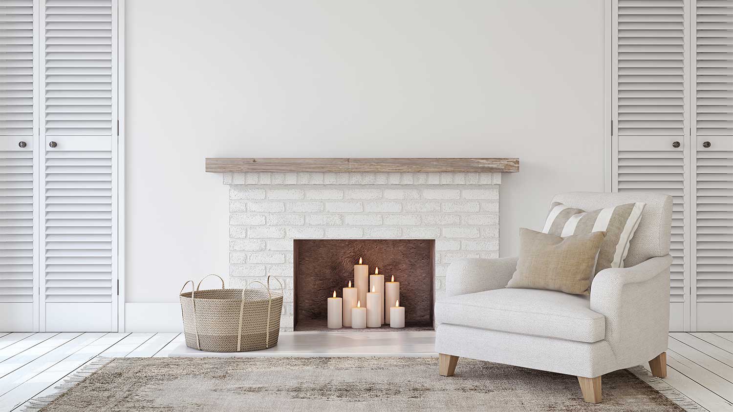white bright interior with fireplace