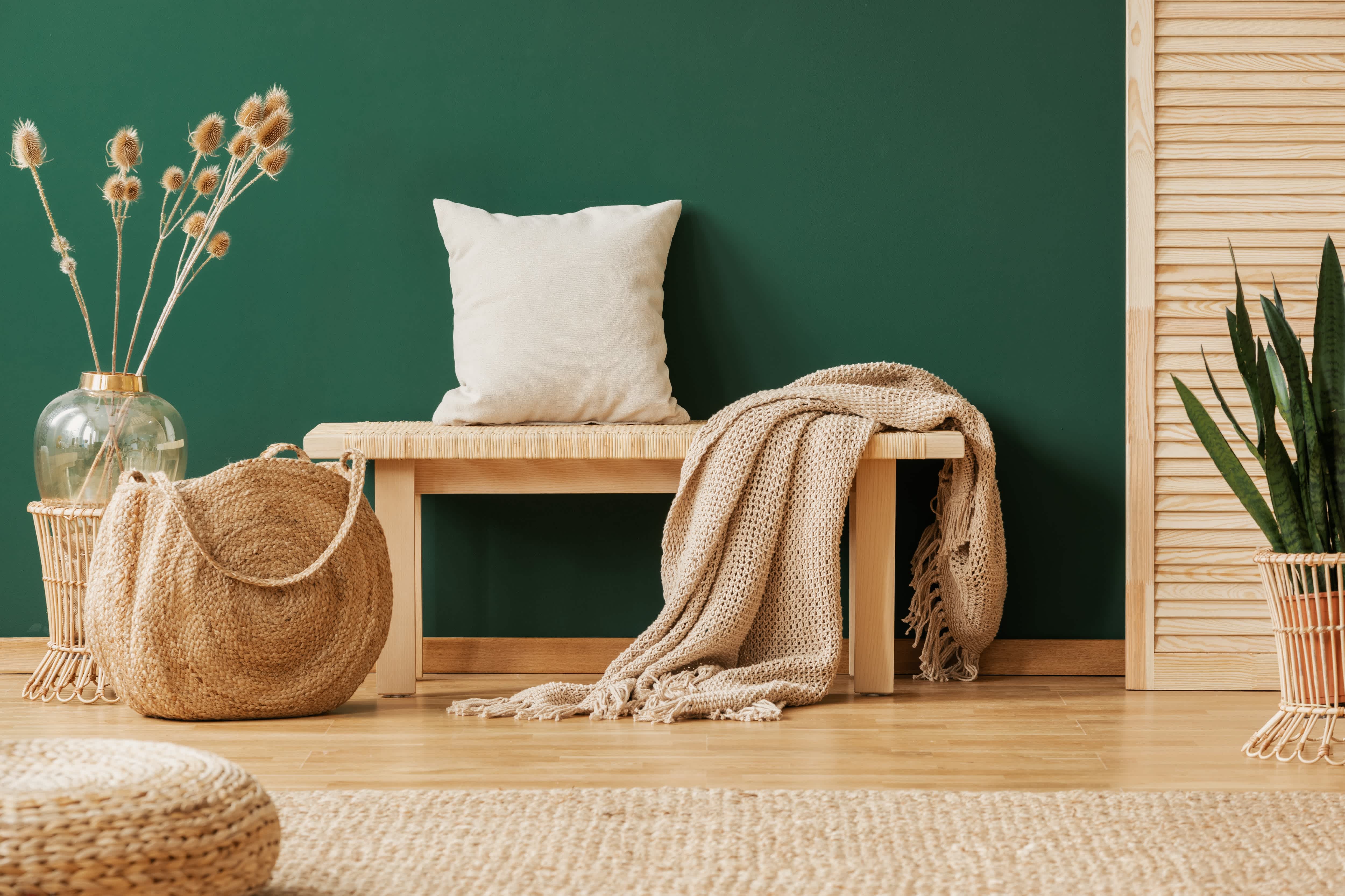 Bench in front of emerald green painted wall