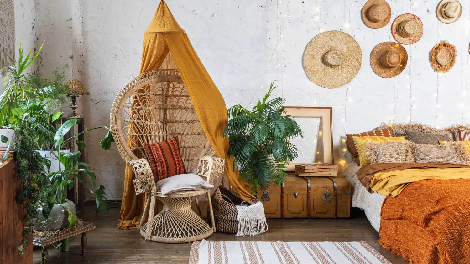 Boho style interior room with orange color accents