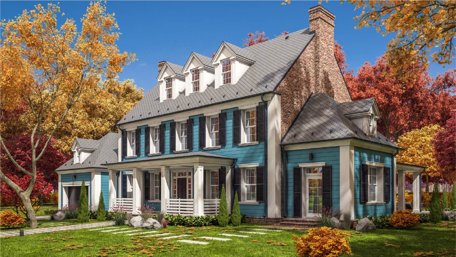 blue house with black shutters and autumn trees