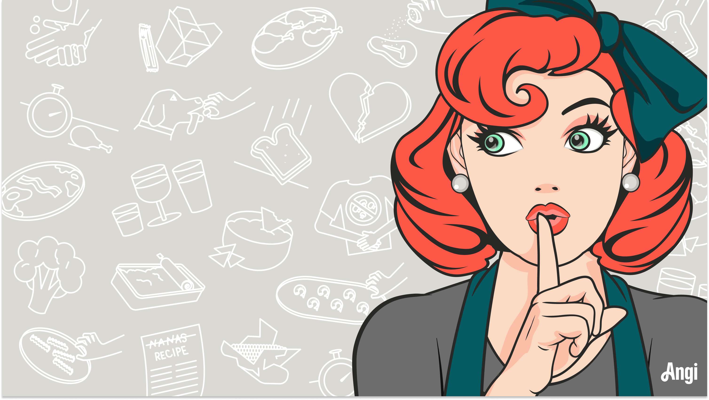 Illustration of a person with their finger to their mouth to keep secret all the kitchen lies represented as icons