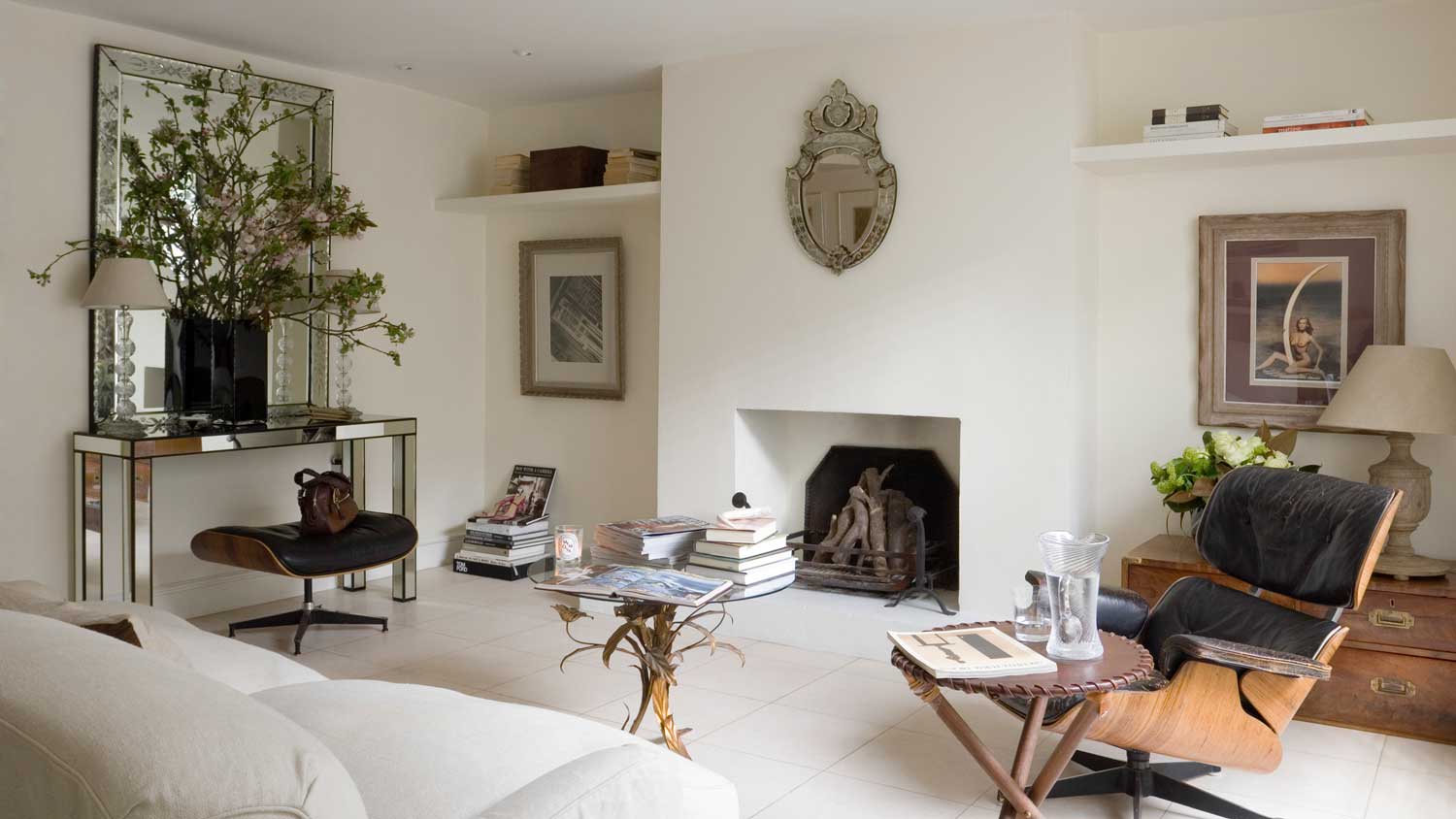 A living room in a basement with great design elements
