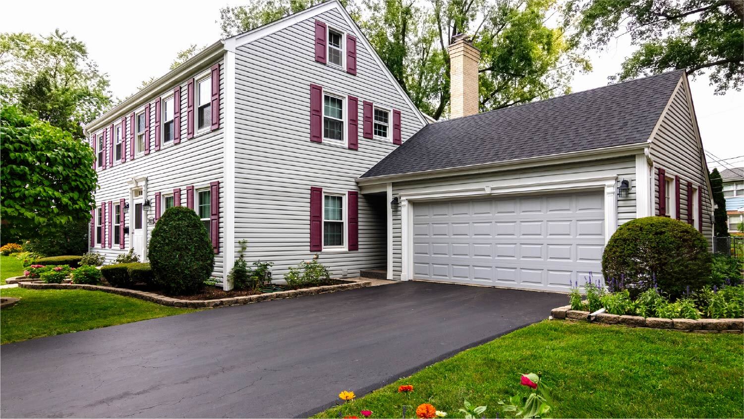 grey house with red shutters