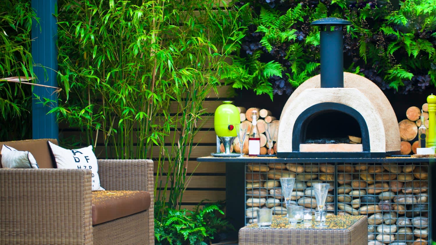 Home patio with pizza oven