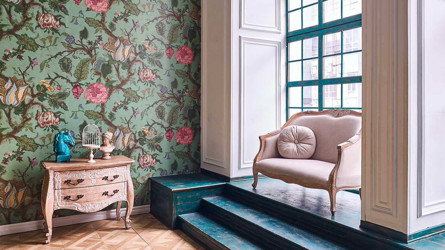 A view of floral wallpaper in a home