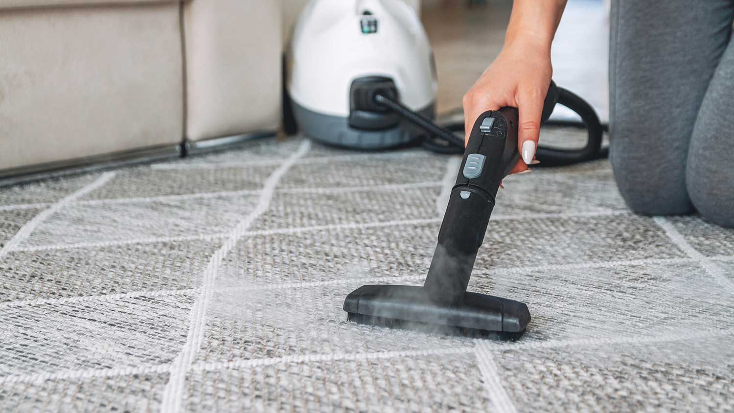 Woman using steam cleaner to clean the carpet